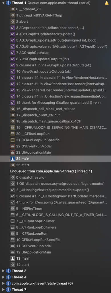 Thread 1 call stack with only one of my functions: the main function.